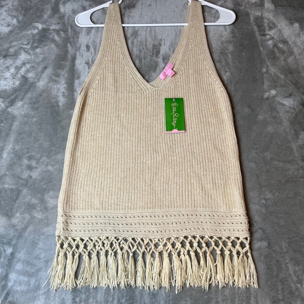 NWT Lilly Pulitzer Dulce Heathered Sand Dune Metal Fringe V Neck Knit Tank Top S